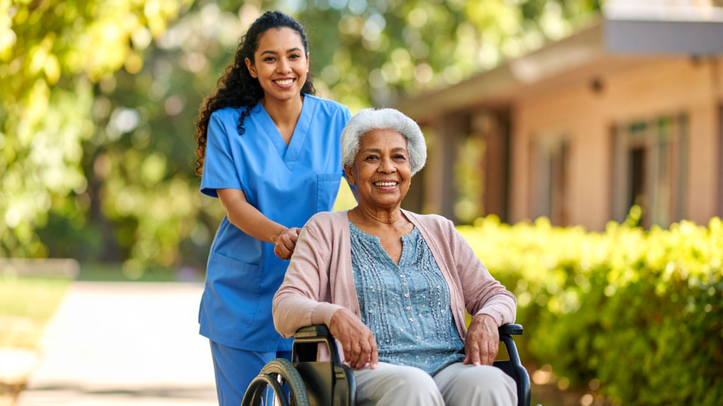 Caregiver assisting senior woman in wheelchair for medical transportation in Jacksonville FL